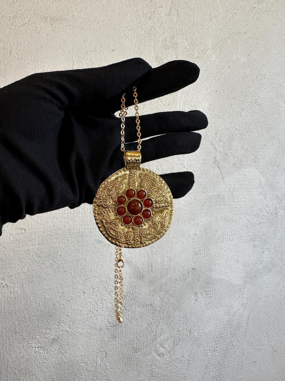Sutton Hoo Anglo Saxon Necklace: Brass Shieldmaiden Pendant with Red Agate