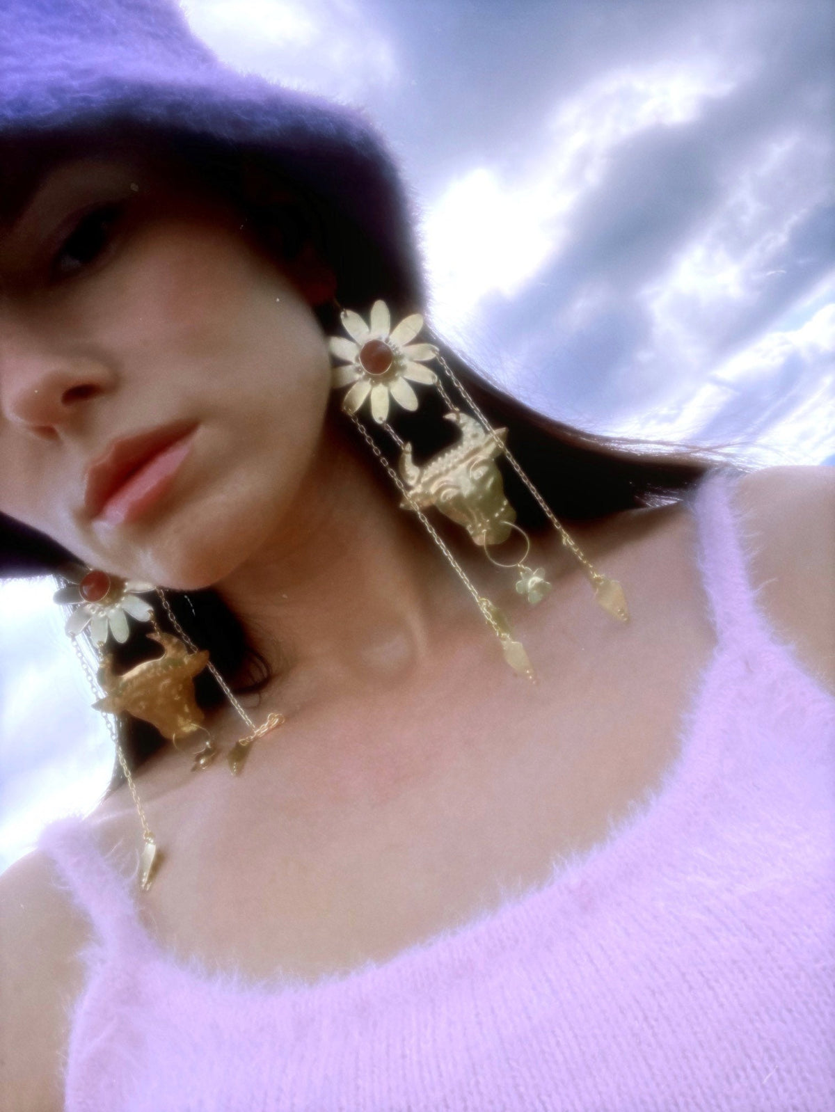 Minotaur II Brass Earrings: Cherry Quartz Flower, Ancient Greek Jewelry