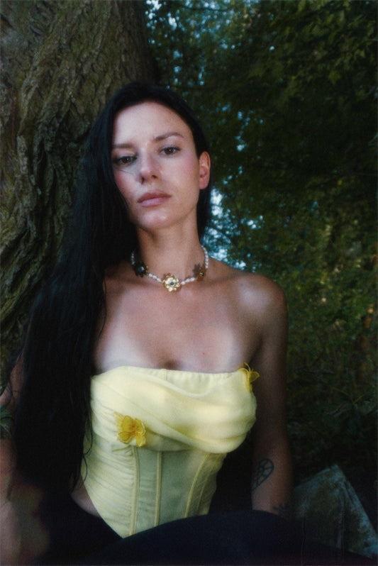 Flora Necklace: Brass Flowers with stones, Pearls Choker
