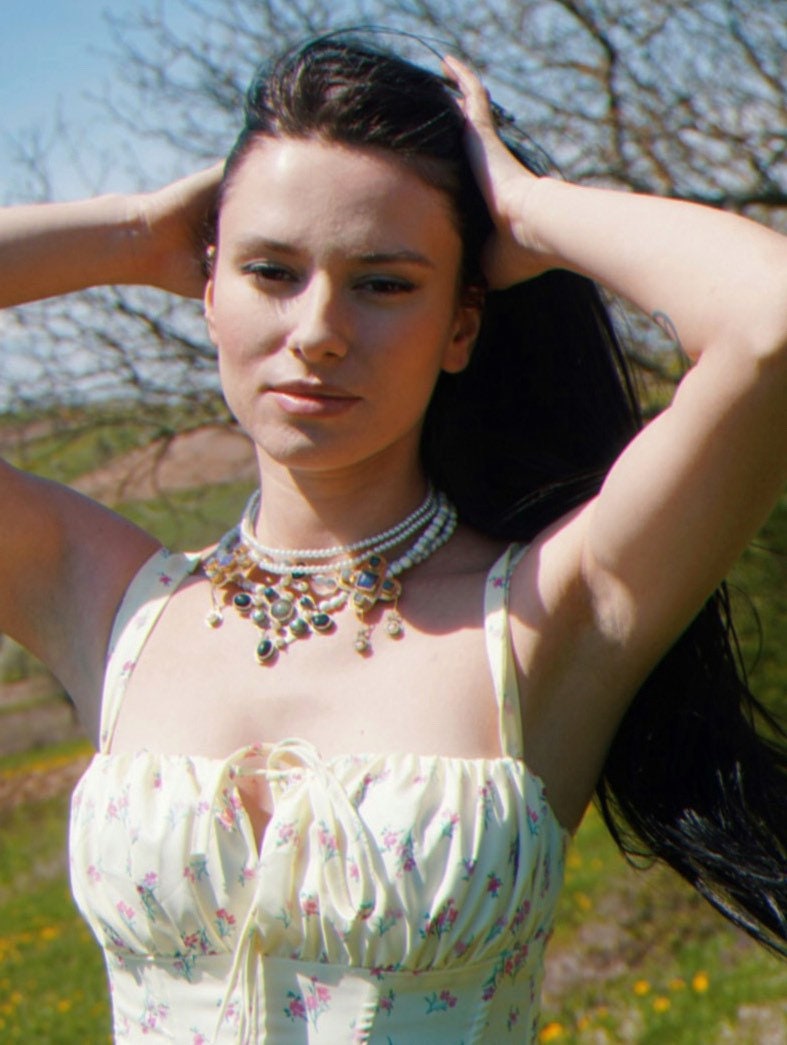 Byzantius & Leofflaed Handmade Necklaces Set: Beaded Pearl Gemstone Choker, Reinassance Jewelry