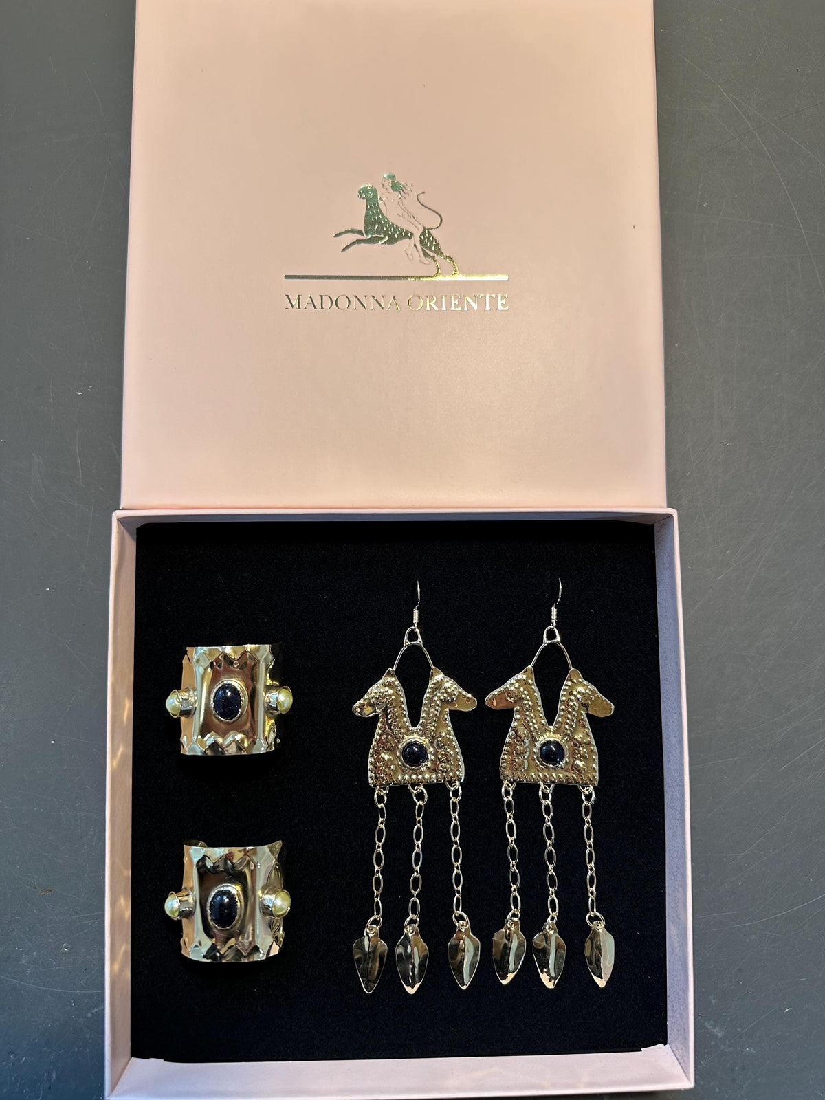 Epona Earrings: Brass Celtic Horse Goddess Goldstone Jewelry