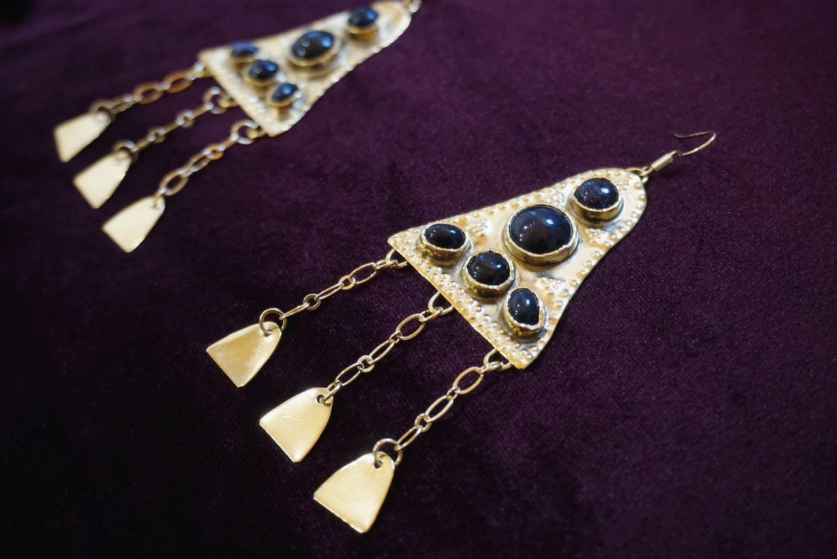 Ygraine Earrings: Medieval Brass Earrings with Onyx, Blue Sunstone, Arthurian Witchy Amulet Jewelry