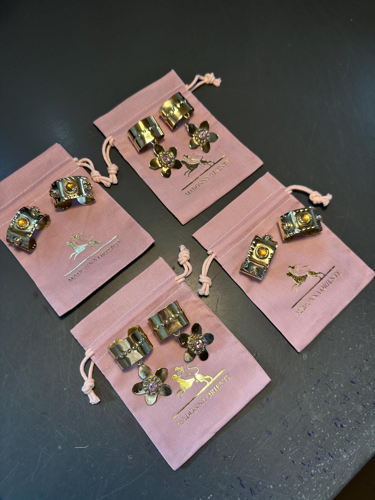Zimsterla Brass Flower Hair Cuff with Pink Zircon Gemstone (Set of 2)