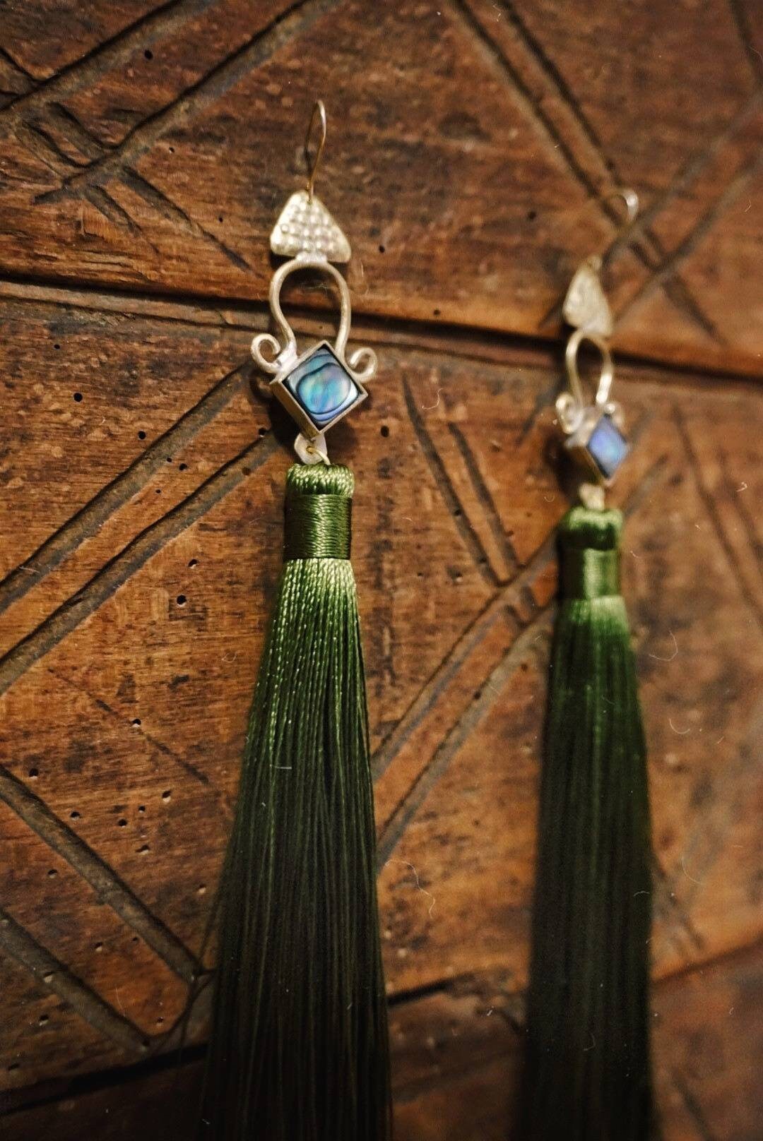 Brass Abalone Goddess Earrings: Folk Jewelry with Green Tassels