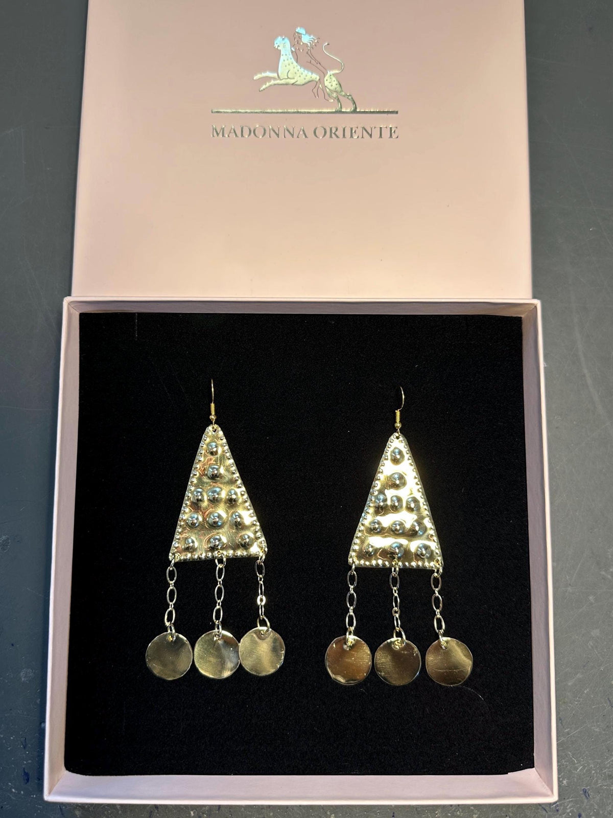 Ziva Brass Triangle Earrings: Ethnic Folklore Jewelry
