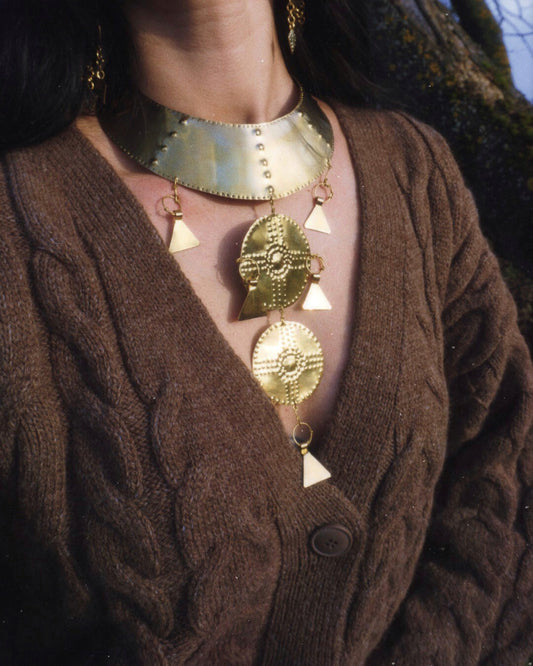 Bronze Age Shield Necklace: Handmade Brass Viking Collar Costume Statement Necklace