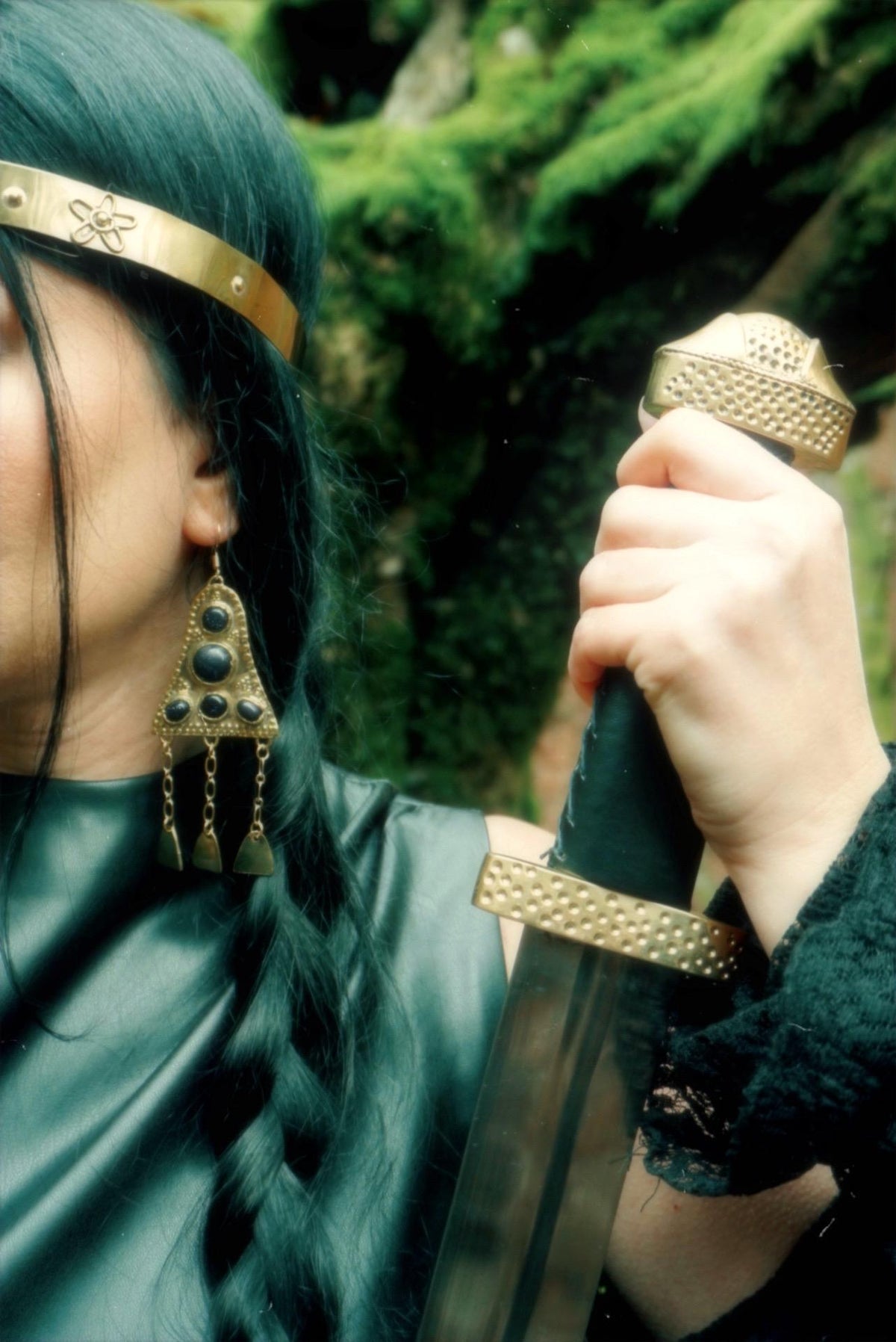 Ygraine Earrings: Medieval Brass Earrings with Onyx, Blue Sunstone, Arthurian Witchy Amulet Jewelry