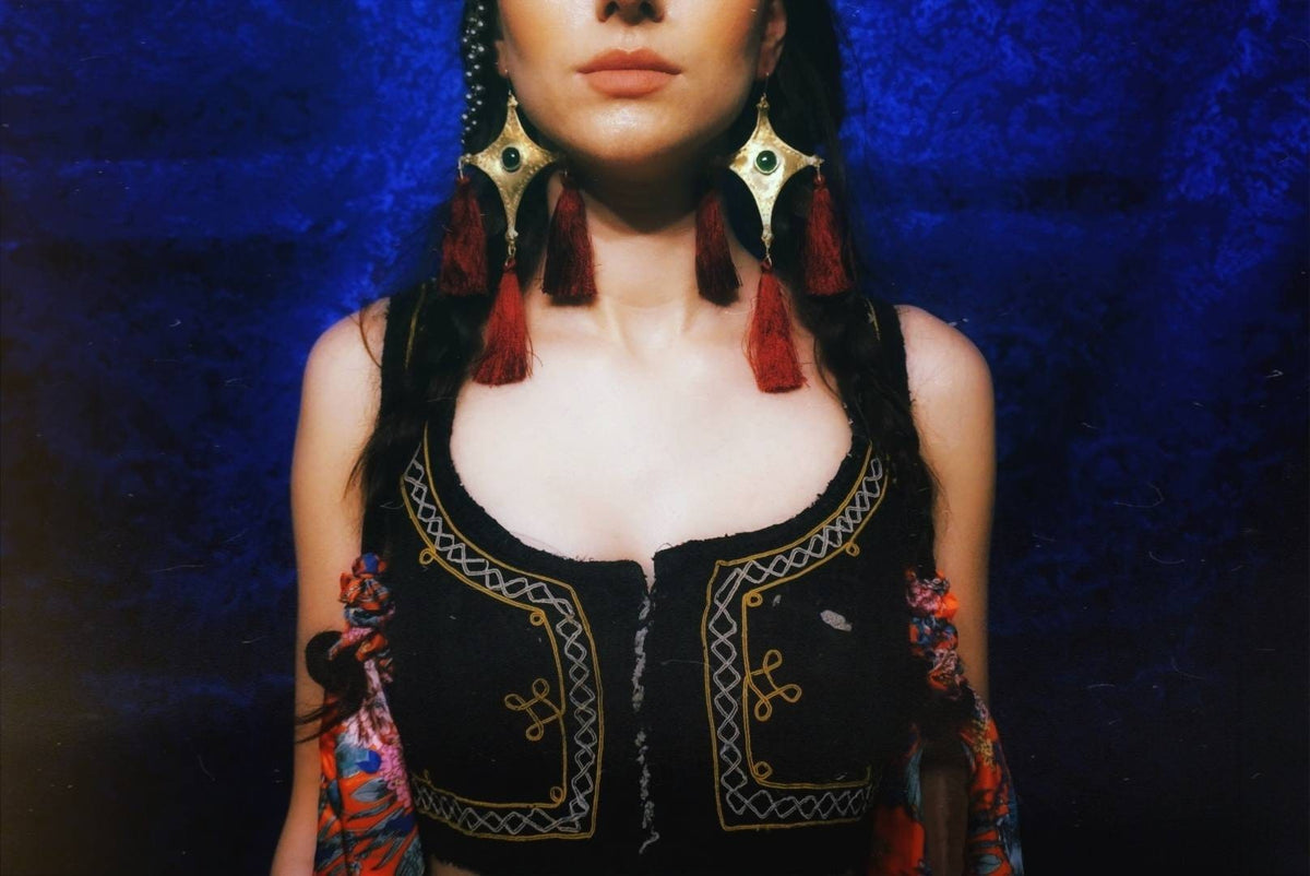 The Star Tail Brass Comet Earrings: Green Agate, Burgundy Tassels, Folk Jewelry