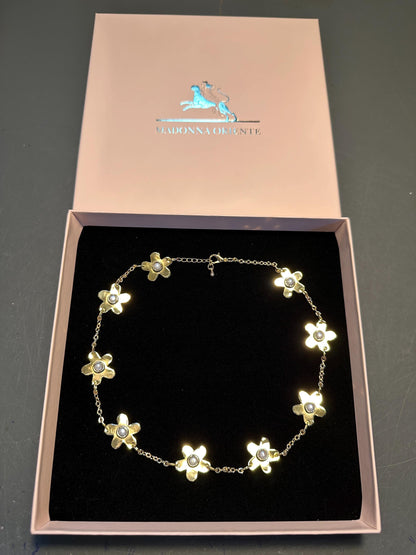 Forget-Me-Not Necklace: Brass Floral Jewelry with Cultured Pearls