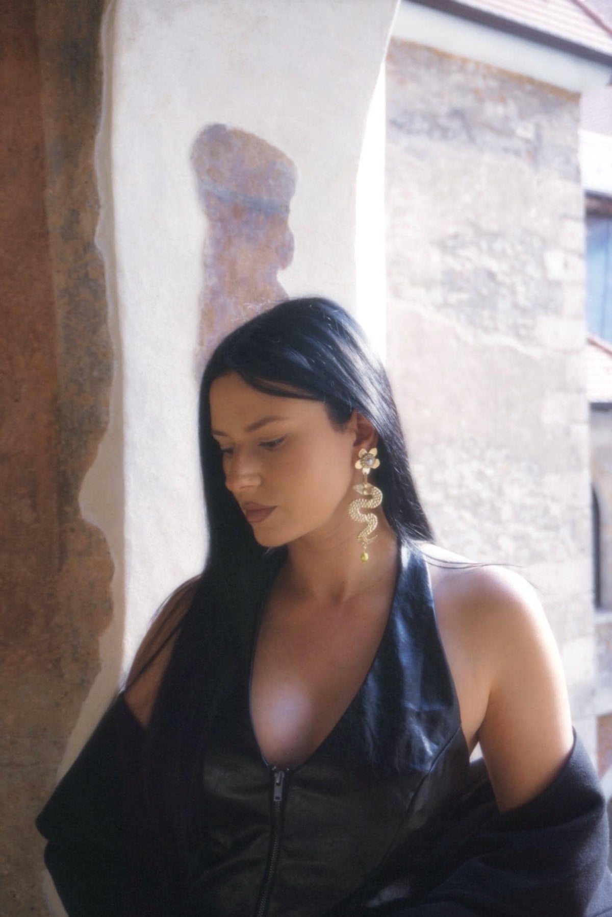 Snake Goddess Earrings: Antique Gold Pearl Earrings, Brass Floral Amulets