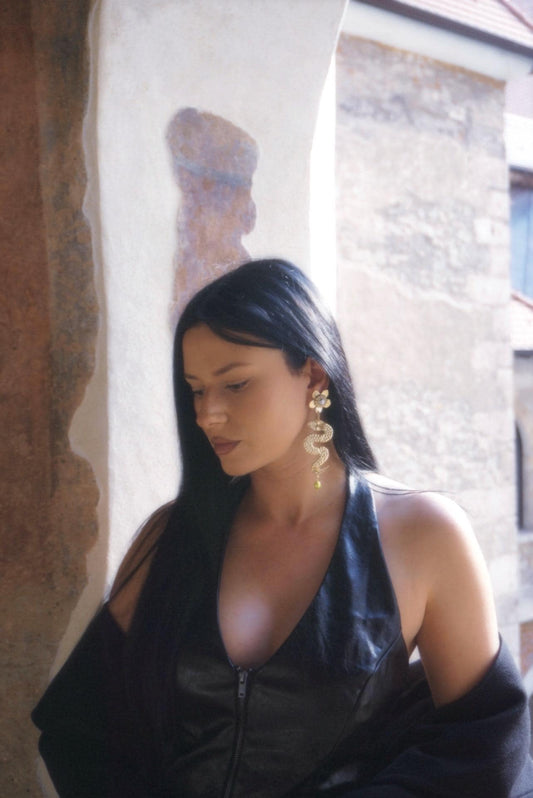 Snake Goddess Earrings: Antique Gold Pearl Earrings, Brass Floral Amulets