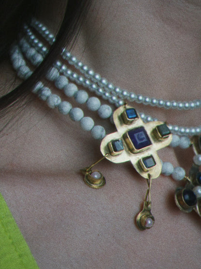 Byzantius & Leofflaed Handmade Necklaces Set: Beaded Pearl Gemstone Choker, Reinassance Jewelry