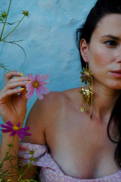 Minotaur II Brass Earrings: Cherry Quartz Flower, Ancient Greek Jewelry