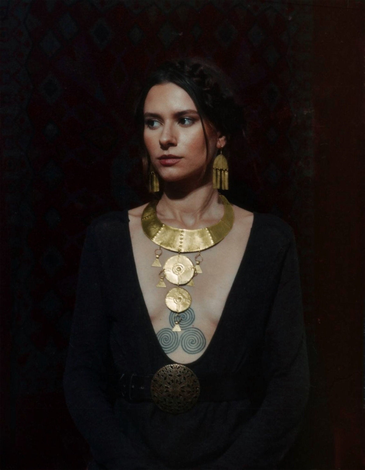 Bronze Age Shield Necklace: Handmade Brass Viking Collar Costume Statement Necklace