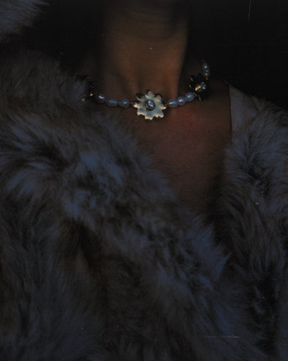 Ice Flower Necklace: Pearl Choker with Crystal Cubic Zirconia, Unique Christmas Gift for Her
