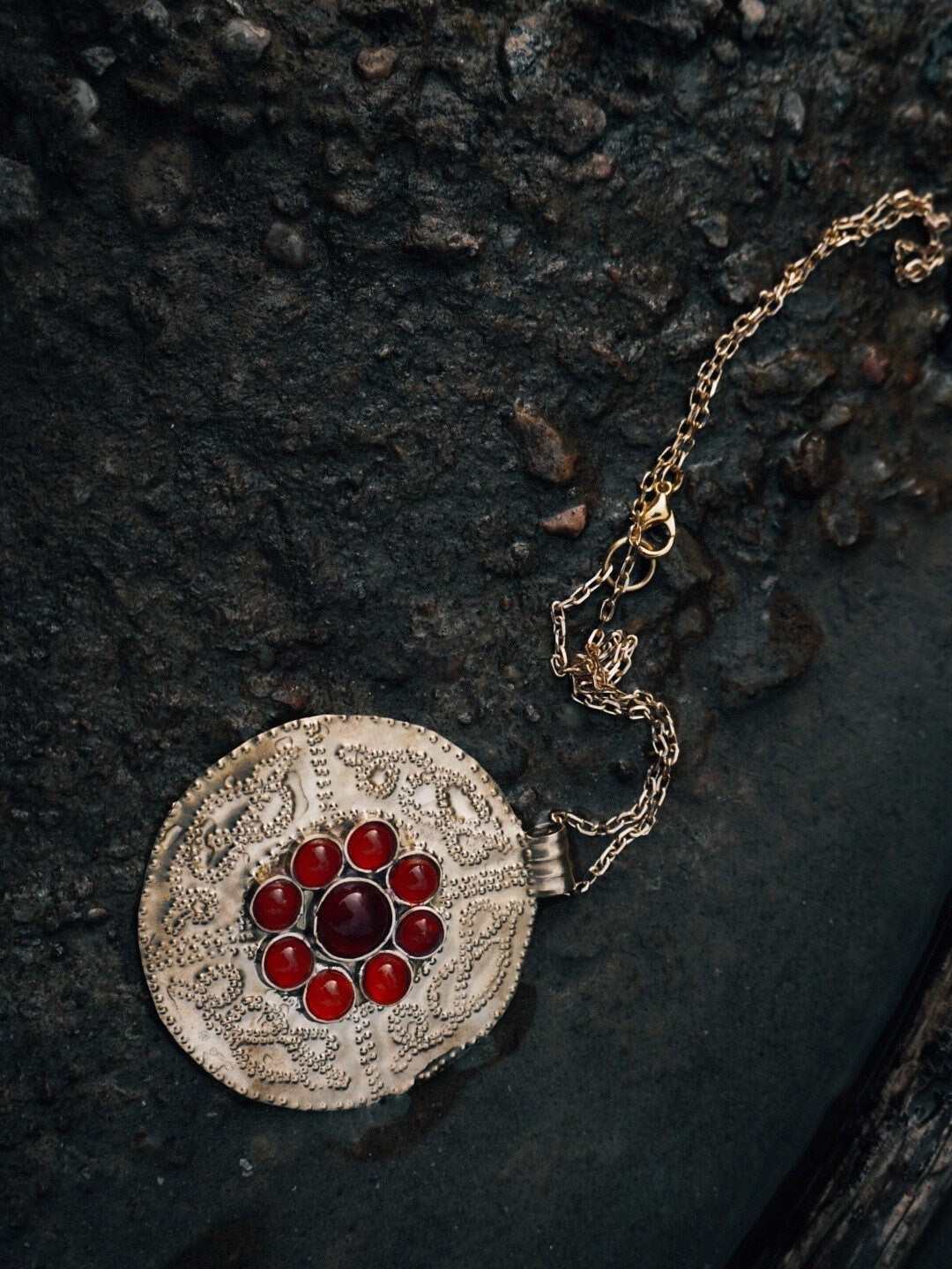 Sutton Hoo Anglo Saxon Necklace: Brass Shieldmaiden Pendant with Red Agate
