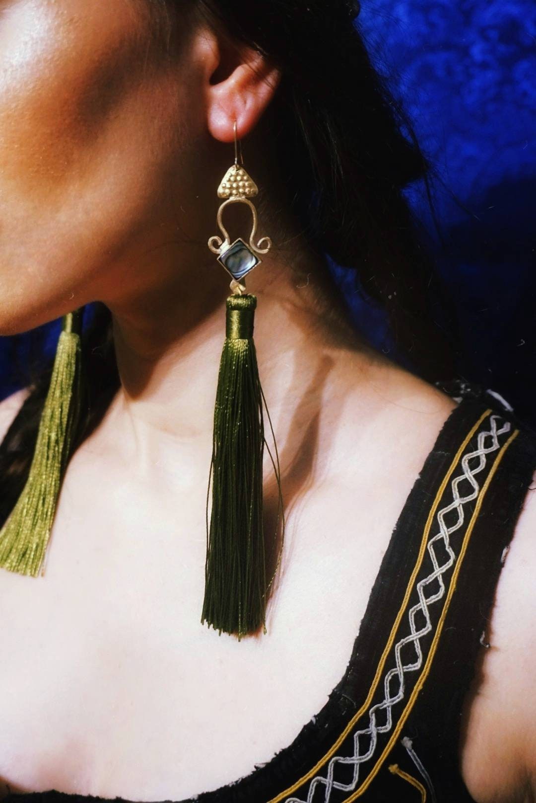 Brass Abalone Goddess Earrings: Folk Jewelry with Green Tassels