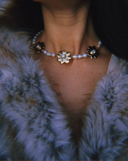 Ice Flower Necklace: Pearl Choker with Crystal Cubic Zirconia, Unique Christmas Gift for Her