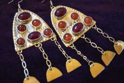 Ragnell Earrings: Medieval Brass Carnelian Earrings, Red Agate Fire Amulet, Arthurian Jewelry