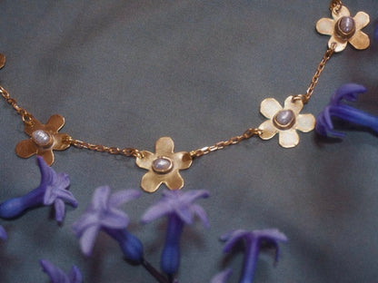 Forget-Me-Not Necklace: Brass Floral Jewelry with Cultured Pearls
