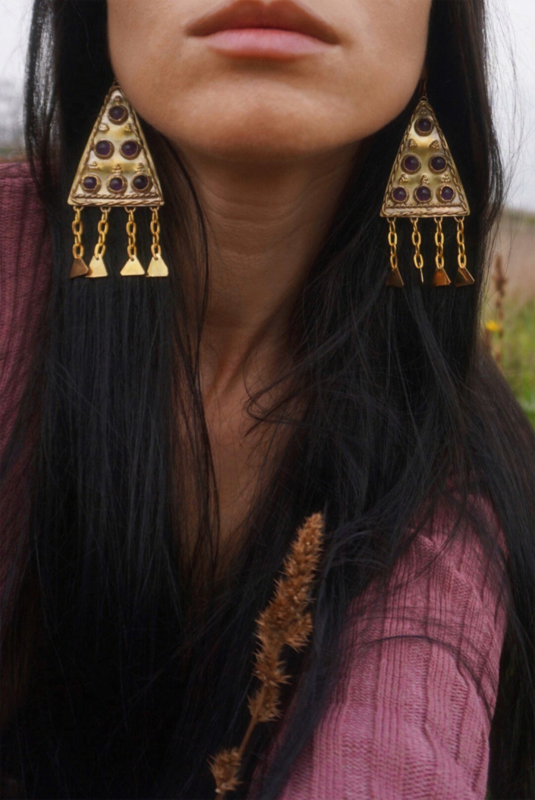 Zerynthia Earrings: Brass Amethyst Sarmatian Adornments
