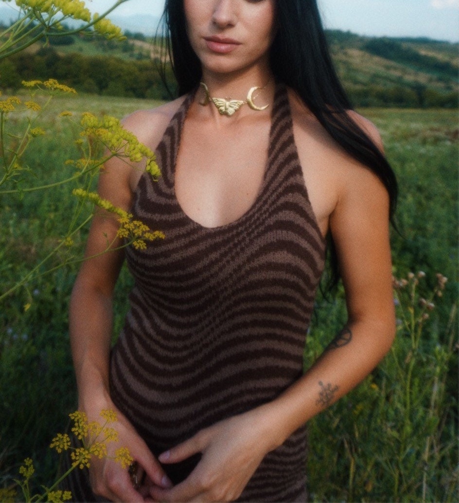 Butterfly Fairy Brass Choker: Crescent Moon Goddess Necklace