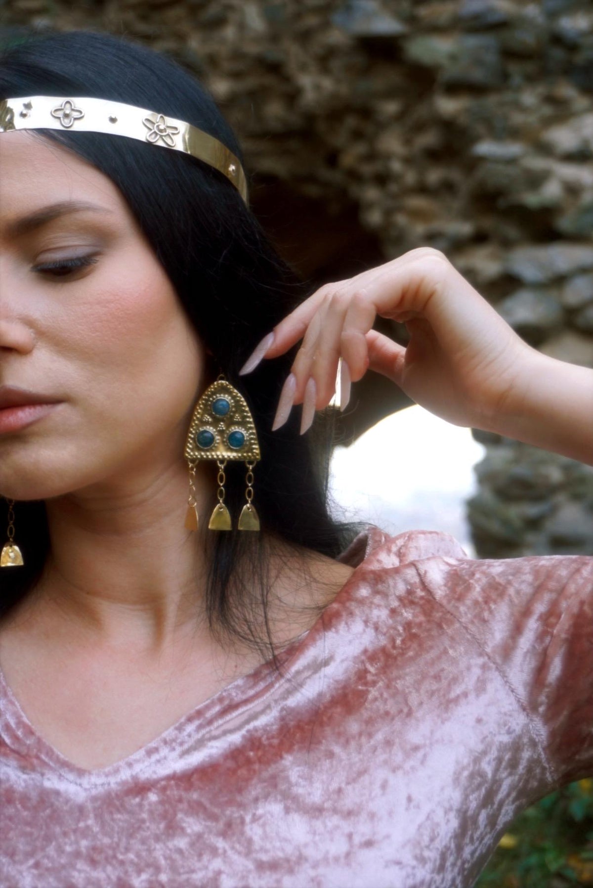 Dindraine Earrings: Early Medieval Brass Earrings, Blue Gemstone Fantasy Jewelry