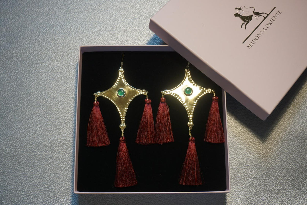 The Star Tail Brass Comet Earrings: Green Agate, Burgundy Tassels, Folk Jewelry