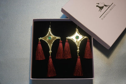The Star Tail Brass Comet Earrings: Green Agate, Burgundy Tassels, Folk Jewelry
