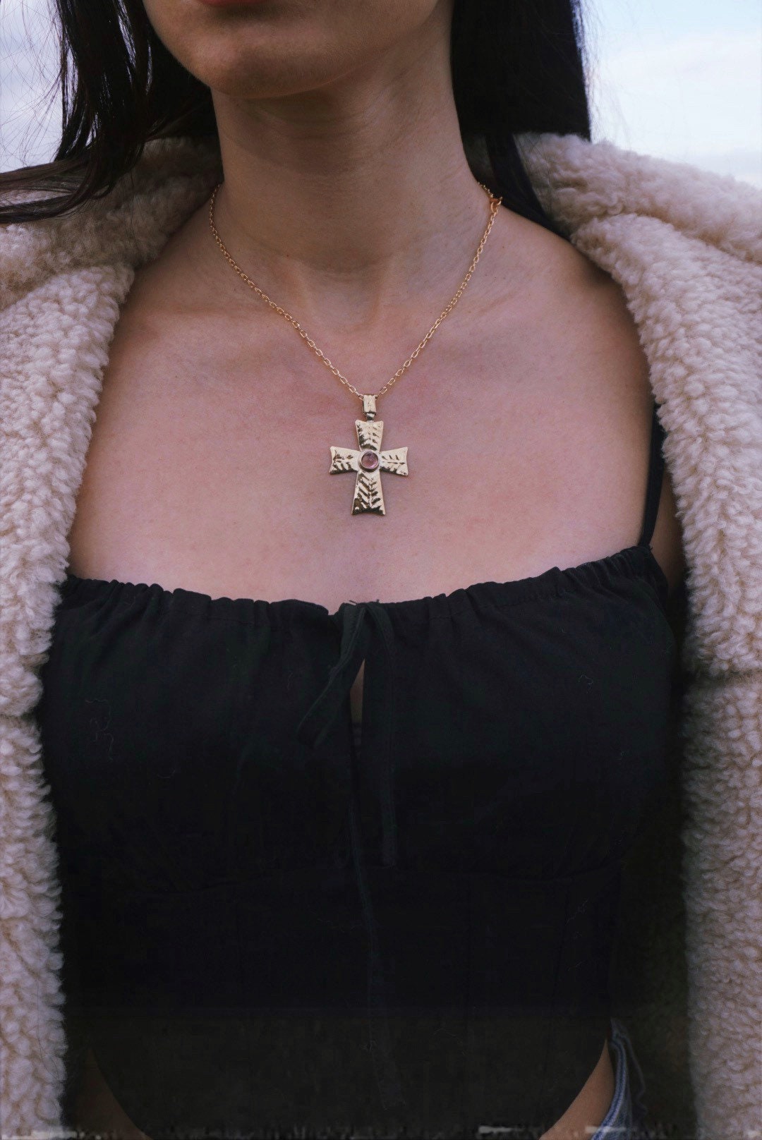 Byzantine Brass Cross Pendant: Pink Agate Medieval Necklace