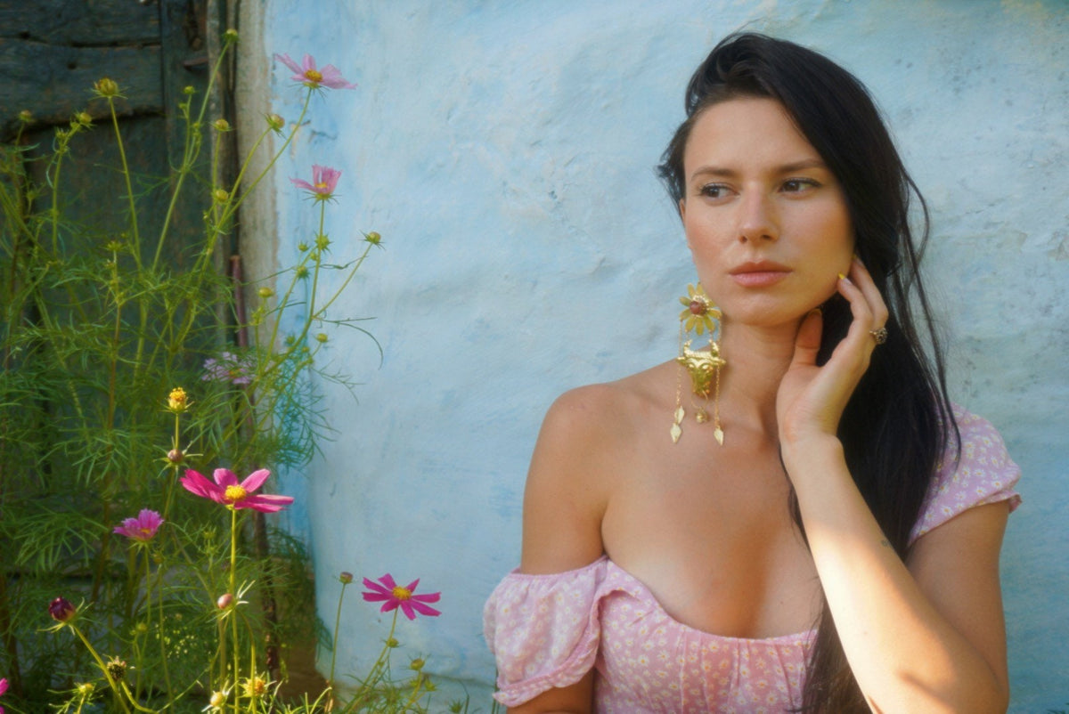 Minotaur II Brass Earrings: Cherry Quartz Flower, Ancient Greek Jewelry