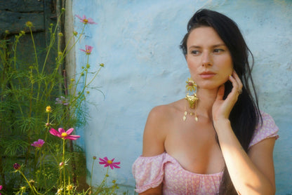 Minotaur II Brass Earrings: Cherry Quartz Flower, Ancient Greek Jewelry