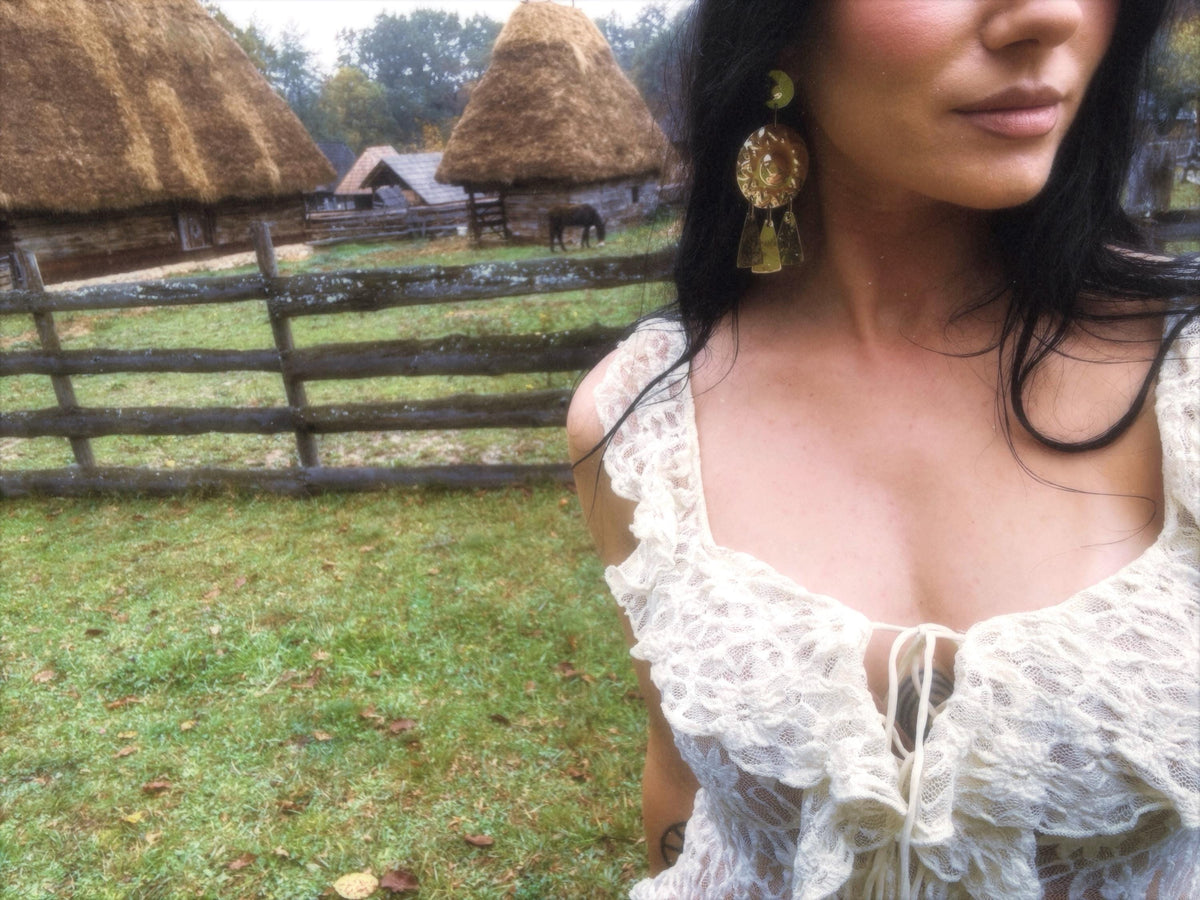 Morrigna Earrings: Brass Solar Shield, Celtic Jewelry