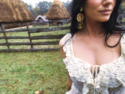 Morrigna Earrings: Brass Solar Shield, Celtic Jewelry