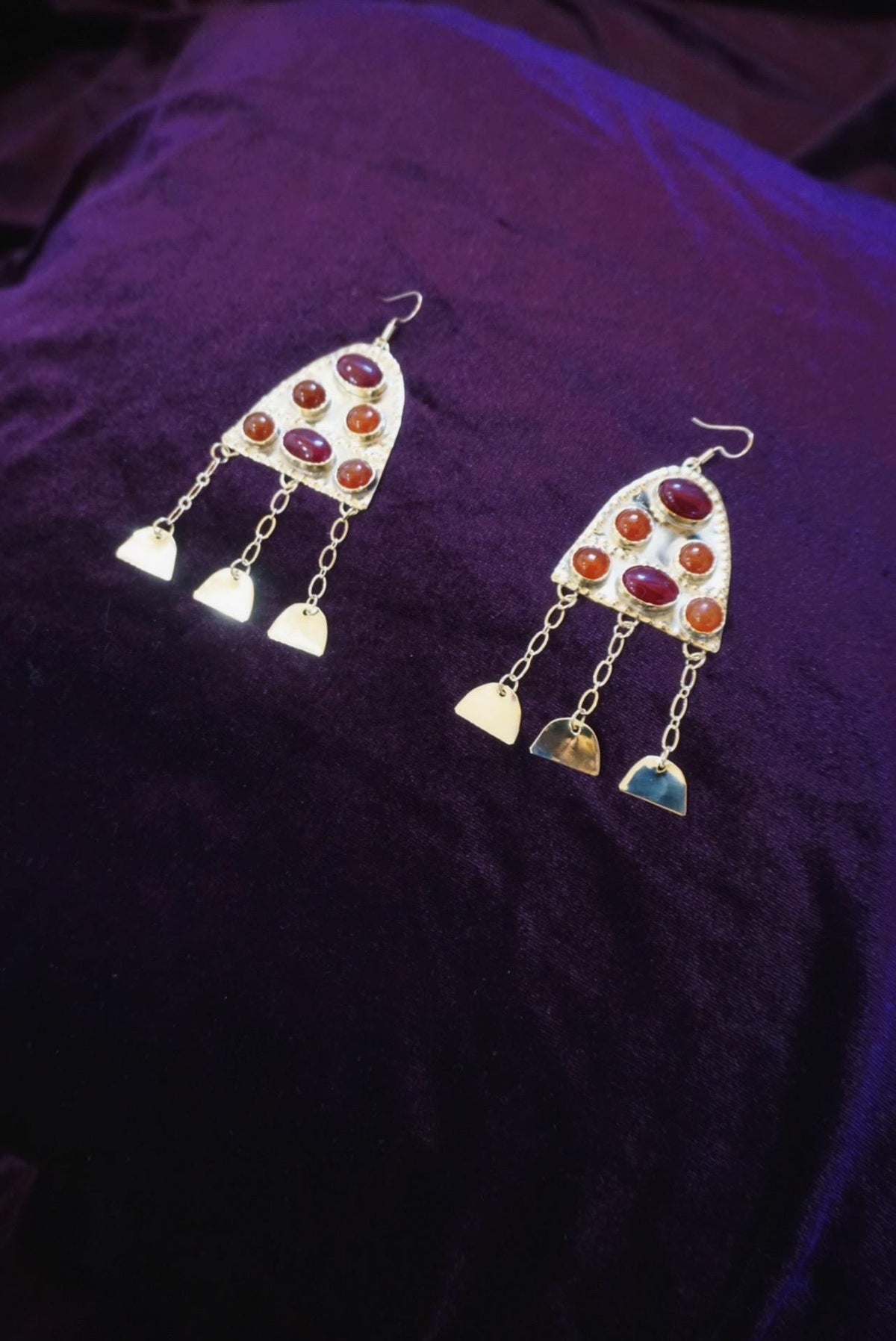 Ragnell Earrings: Medieval Brass Carnelian Earrings, Red Agate Fire Amulet, Arthurian Jewelry
