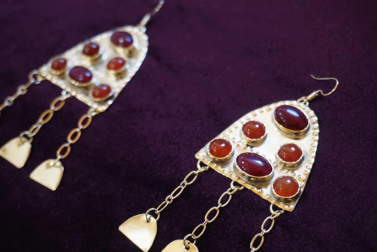 Ragnell Earrings: Medieval Brass Carnelian Earrings, Red Agate Fire Amulet, Arthurian Jewelry