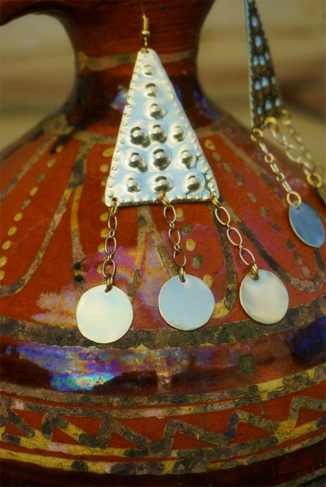 Ziva Brass Triangle Earrings: Ethnic Folklore Jewelry