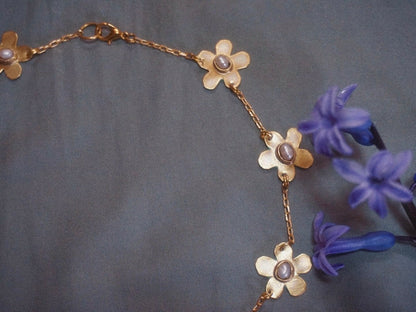 Forget-Me-Not Necklace: Brass Floral Jewelry with Cultured Pearls