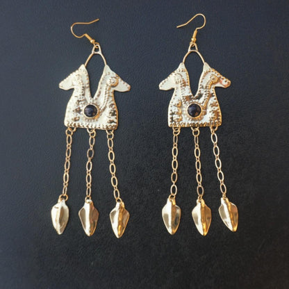 Epona Earrings: Brass Celtic Horse Goddess Goldstone Jewelry