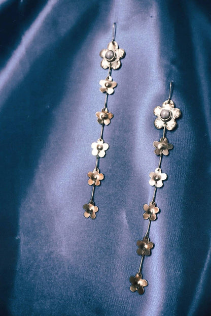 Forget-Me-Not Flowers Earrings: Antique Gold Pearl Earrings, Brass Fairy Jewelry