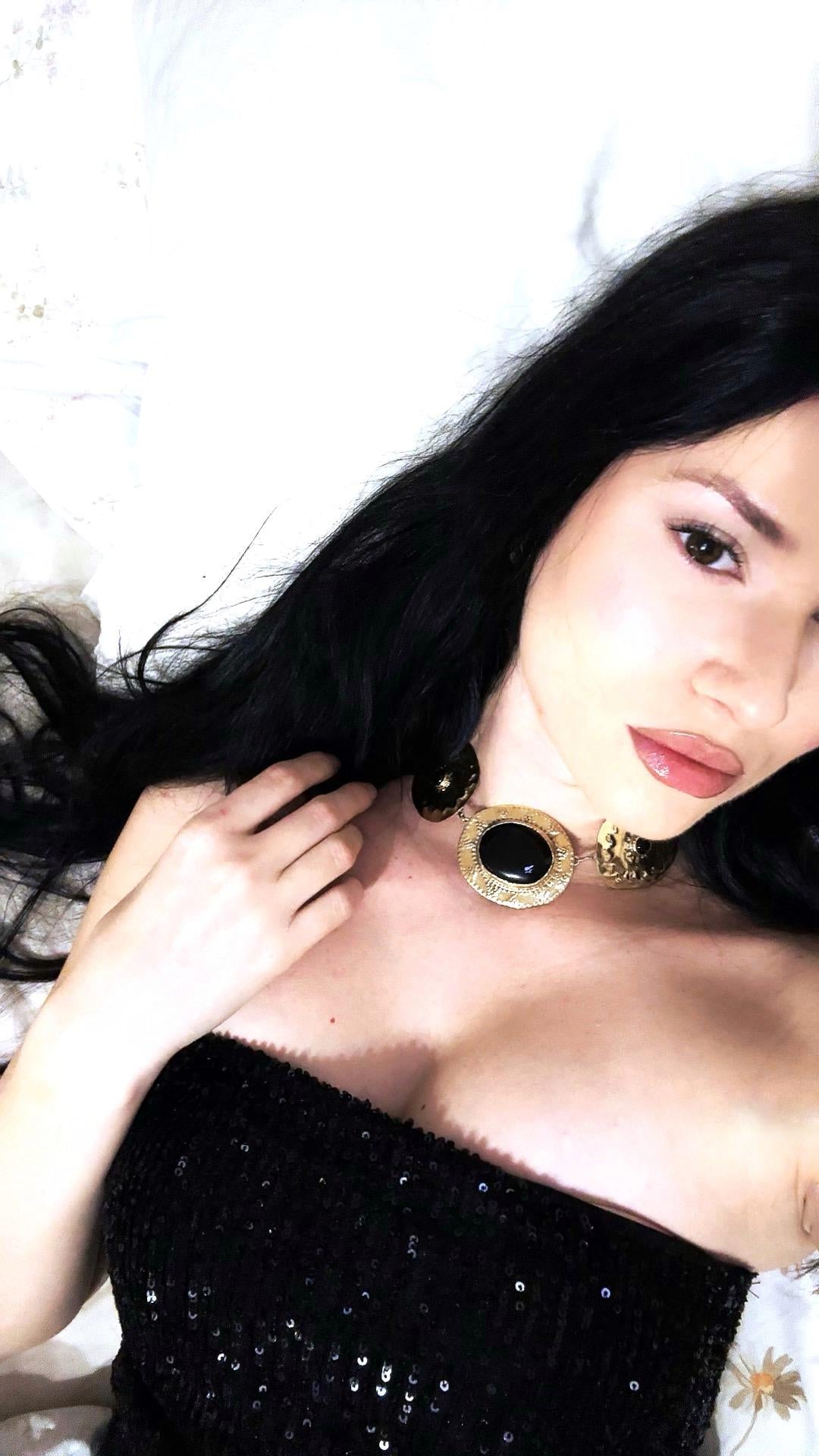 Morgan le Fay Necklace: Black Onyx Brass Choker Amulet, Costume Statement Necklace