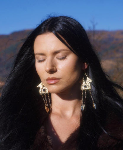 Epona Earrings: Brass Celtic Horse Goddess Goldstone Jewelry