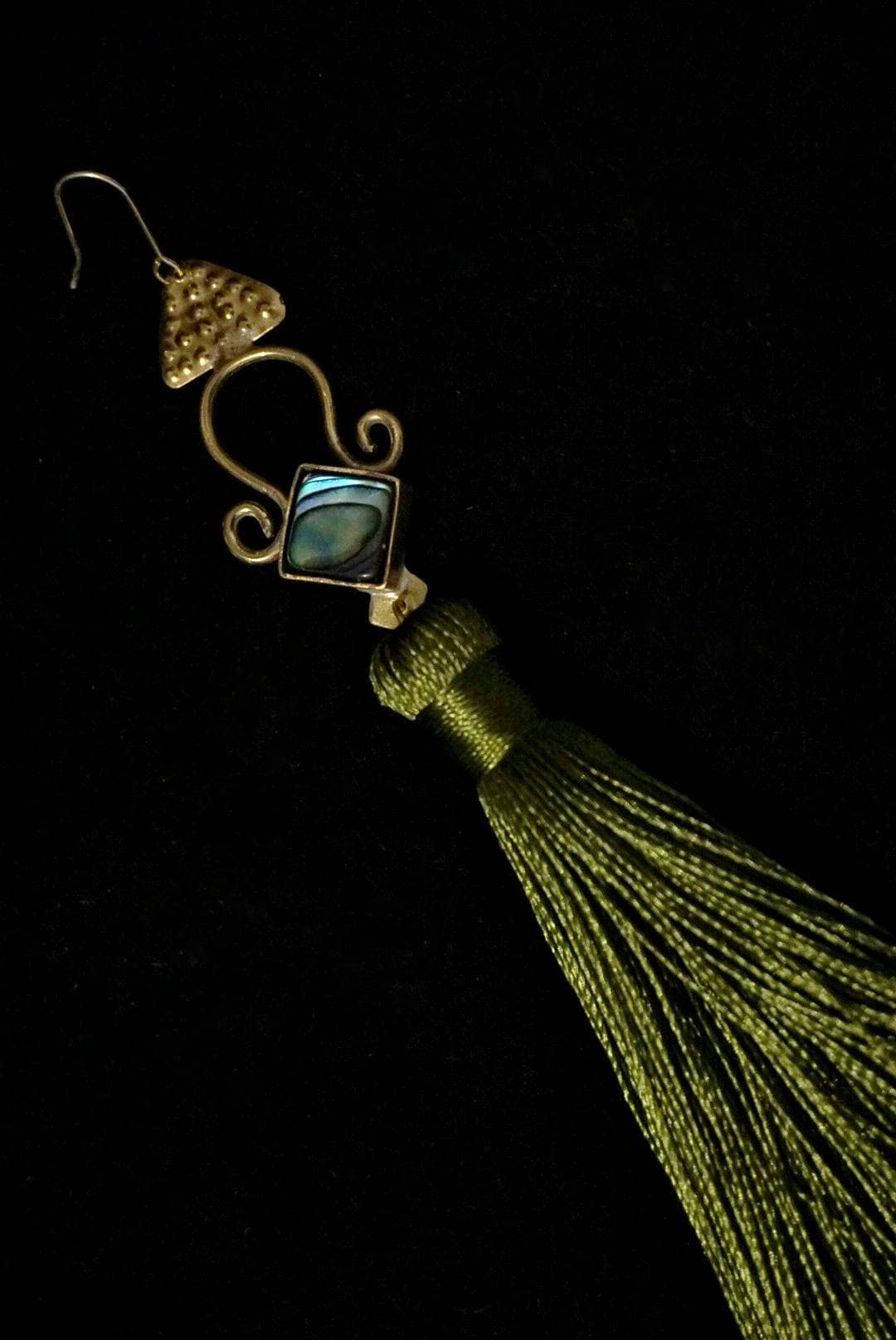 Brass Abalone Goddess Earrings: Folk Jewelry with Green Tassels