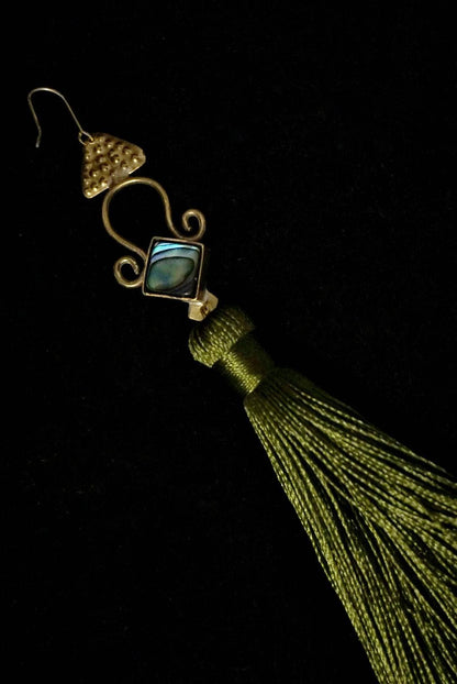 Brass Abalone Goddess Earrings: Folk Jewelry with Green Tassels
