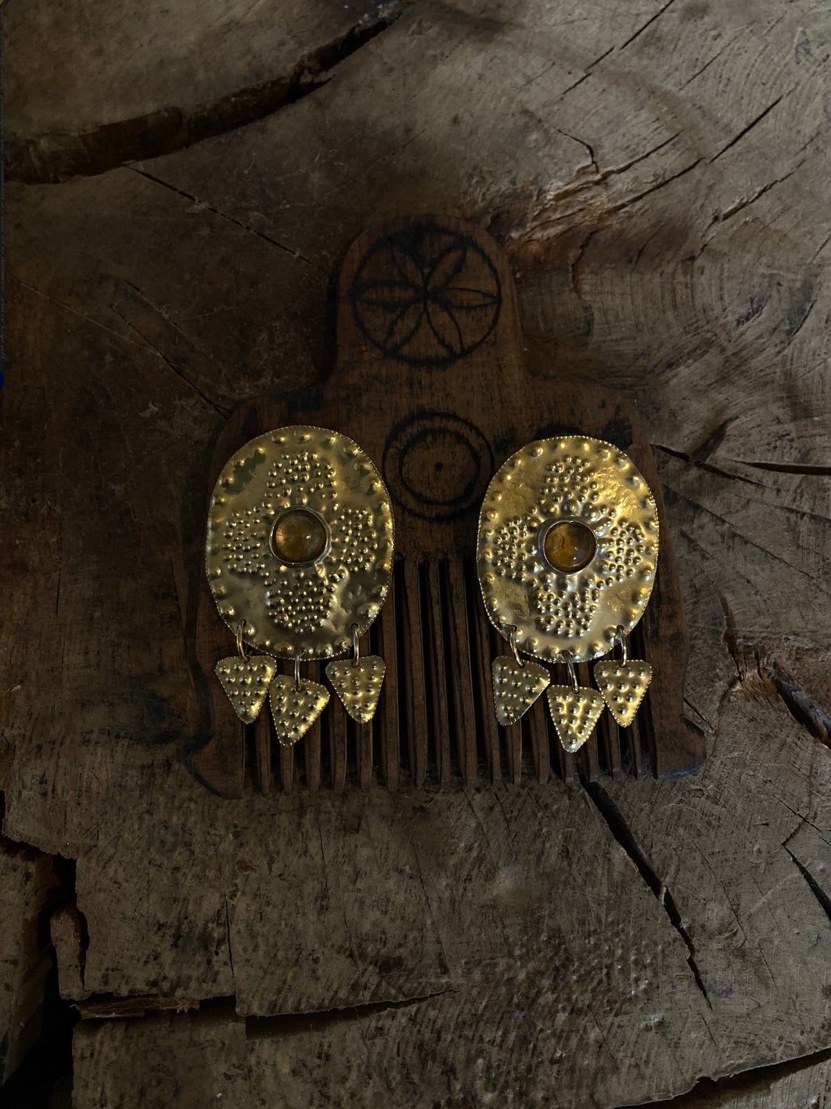 Sól Brass and Citrine Earrings: Nordic Bronze Age Jewelry