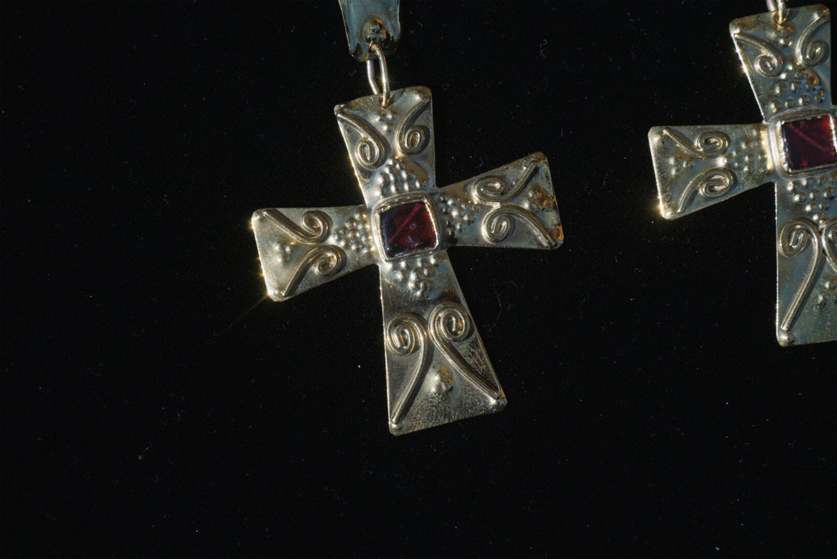Godiva Garnet Cross Earrings: Medieval Byzantine Jewelry