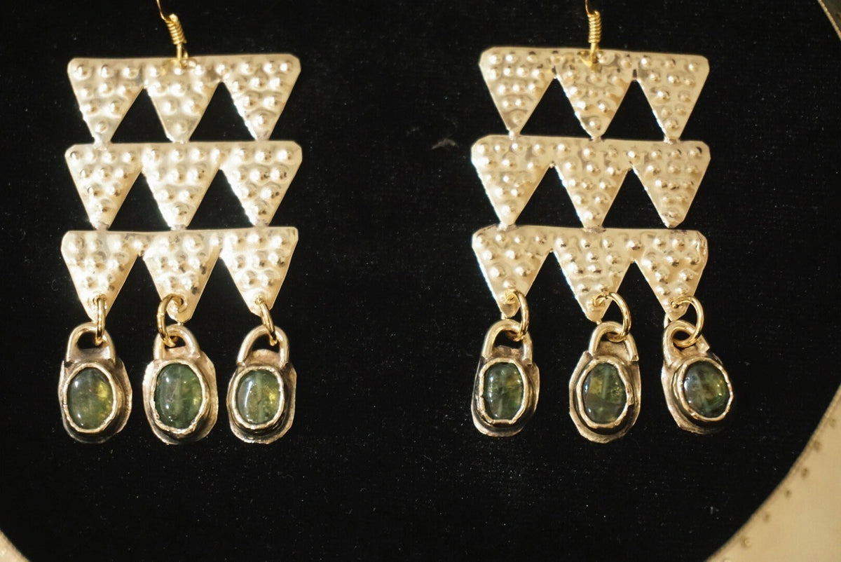 Tumulus Brass Earrings: Peridot gemstones, Bronze Age Jewelry