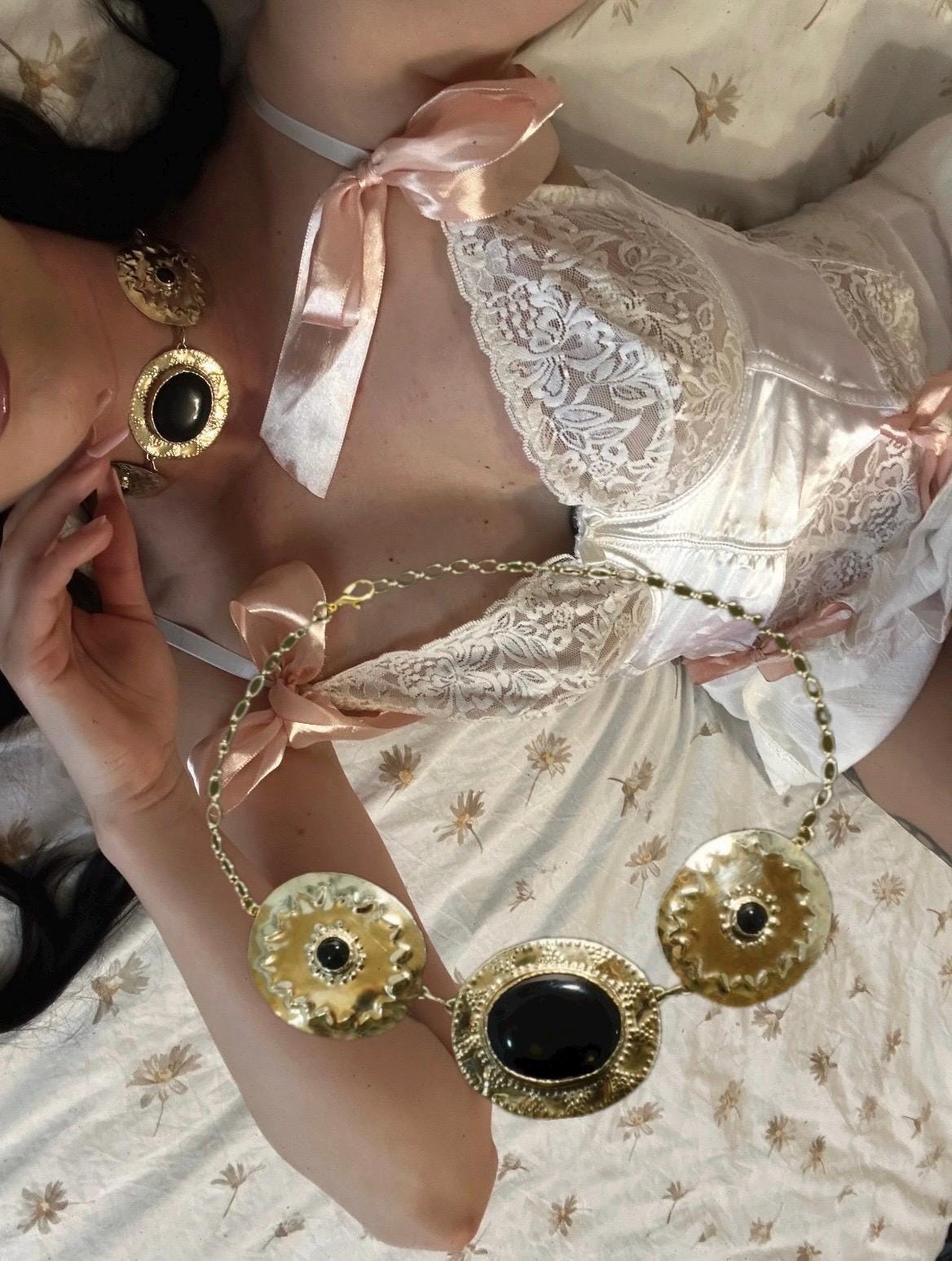 Morgan le Fay Necklace: Black Onyx Brass Choker Amulet, Costume Statement Necklace