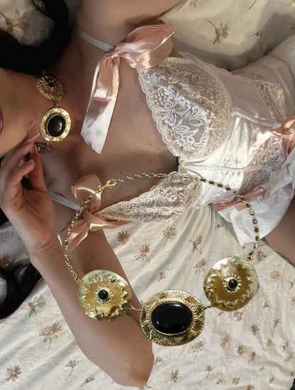 Morgan le Fay Necklace: Black Onyx Brass Choker Amulet, Costume Statement Necklace