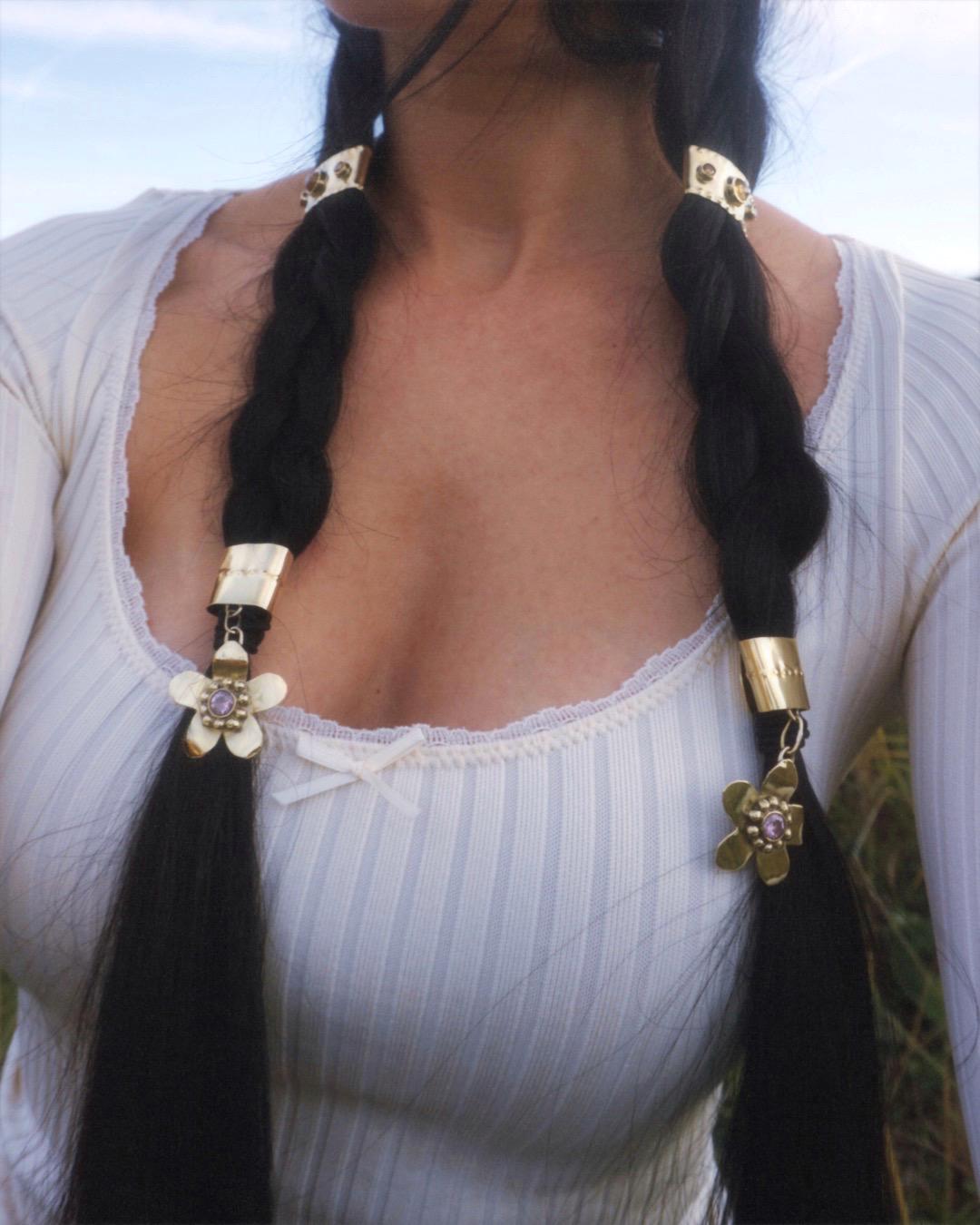 Zarnitsa Brass Hair Braid Beads: Hair Jewelry with Citrine & Zircon (Set of 2)